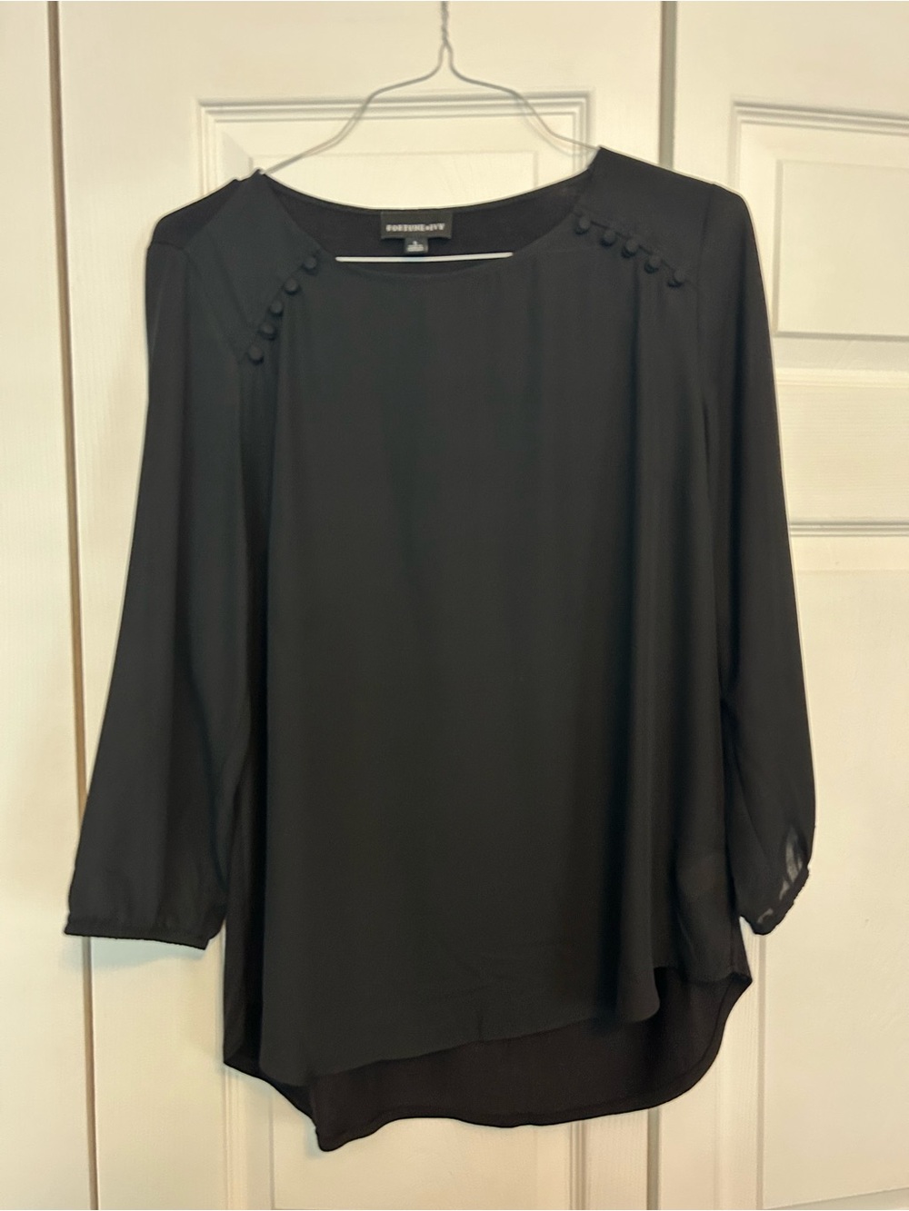 Fortune + Ivy  Black Sheer Button-Shoulder Blouse Large